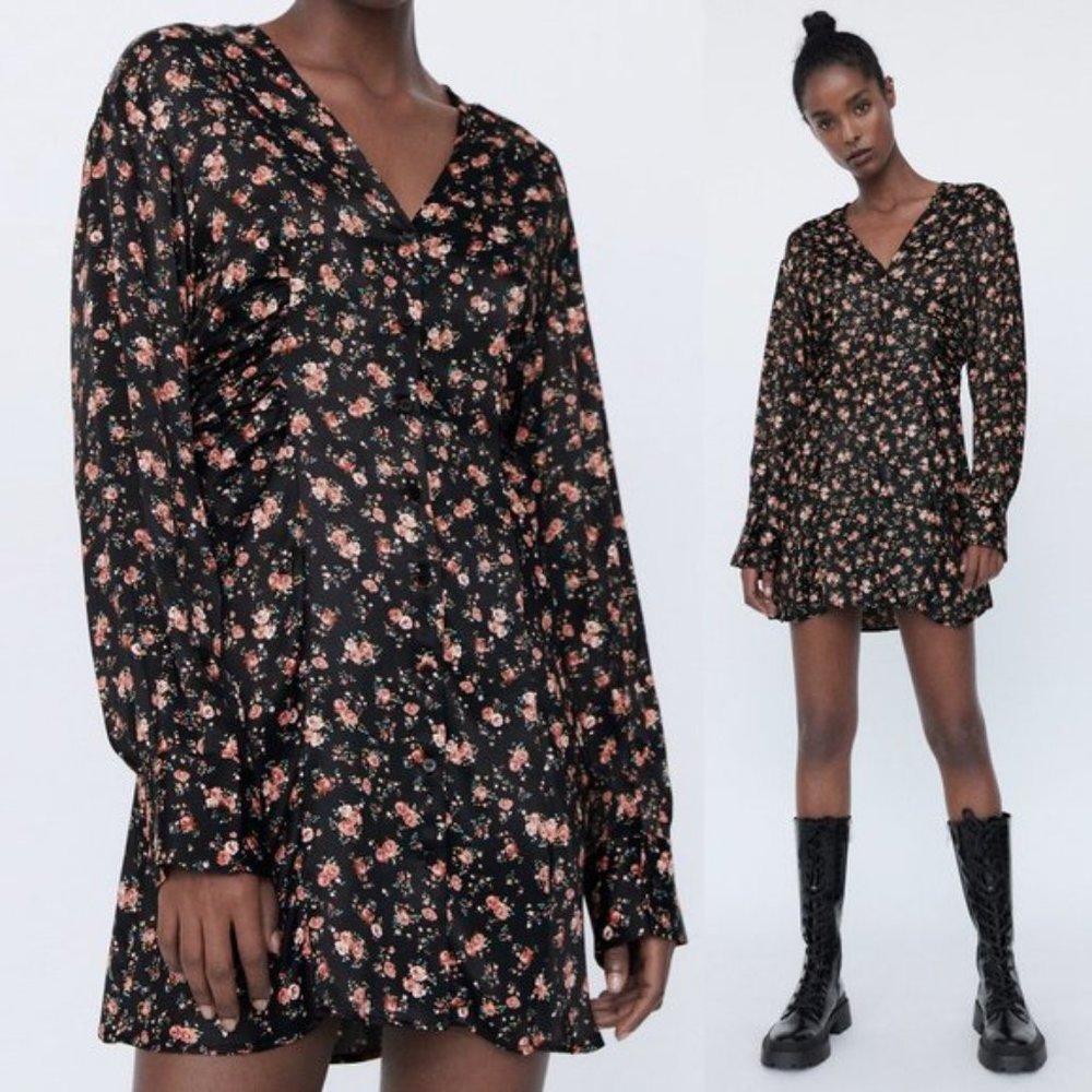 Zara Silky Satin V Neck Floral Print Dress M